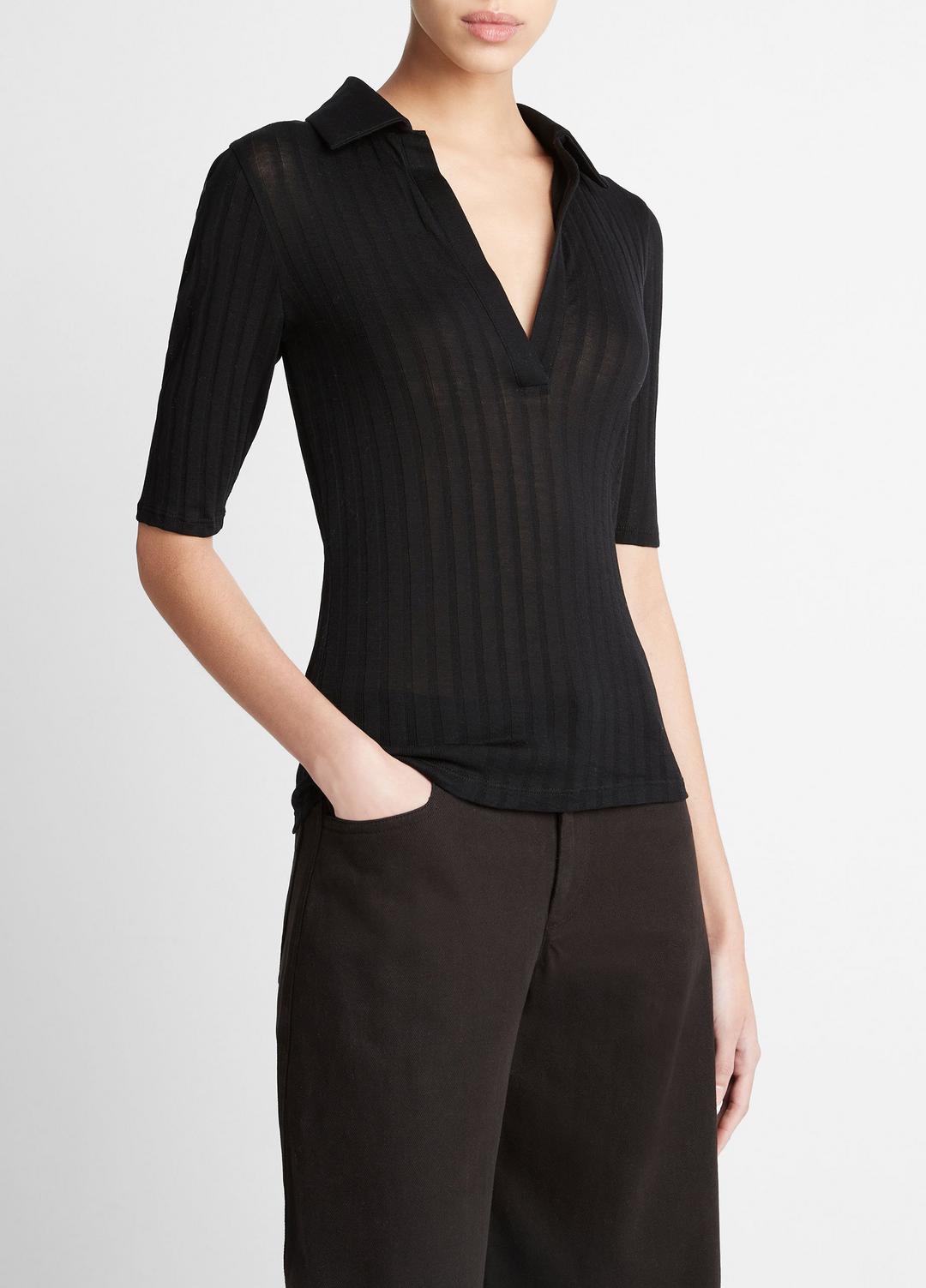 Cotton Elbow-Sleeve Polo Shirt in Short Sleeve - BLACK