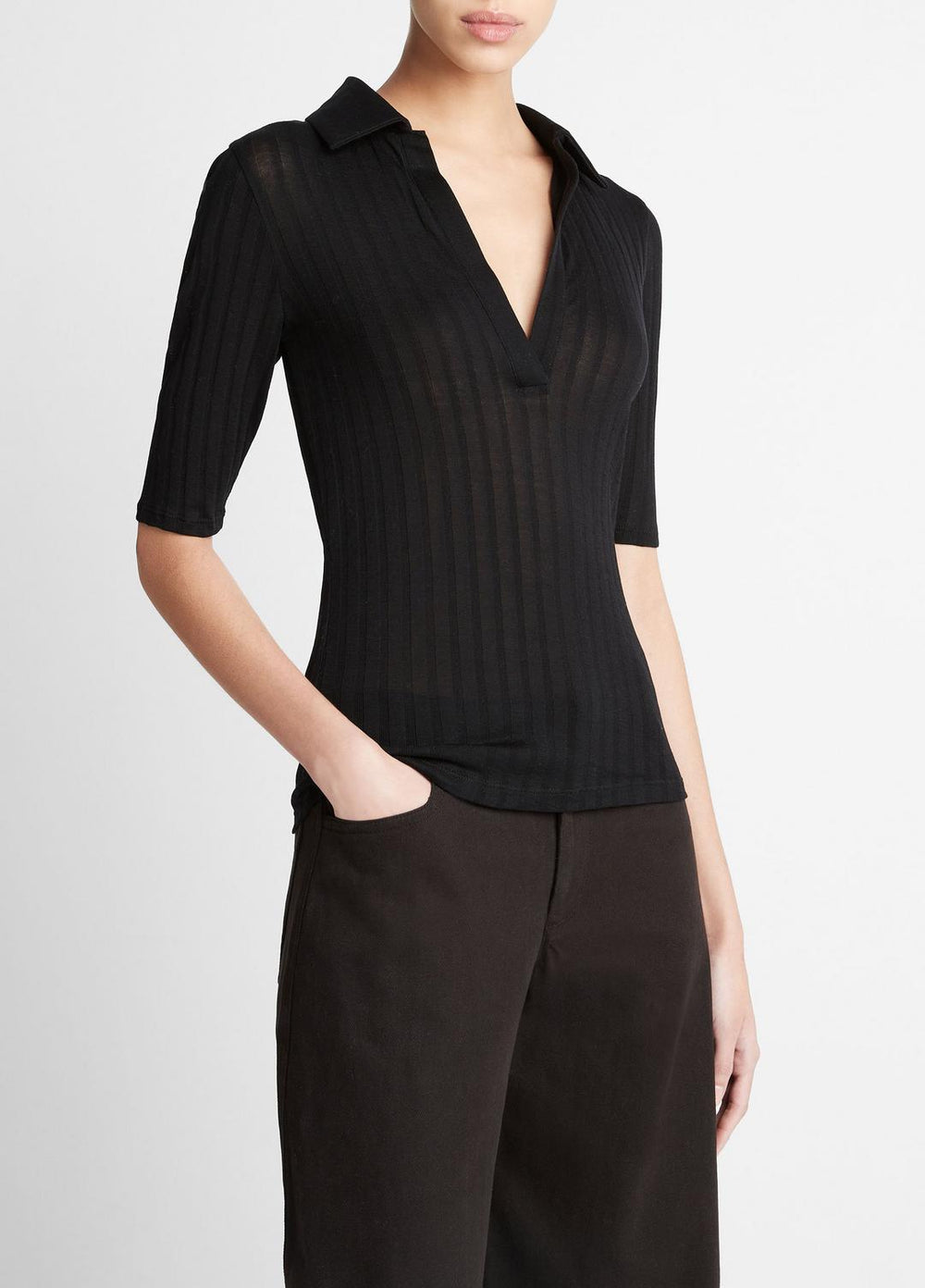 Cotton Elbow-Sleeve Polo Shirt in Short Sleeve - BLACK