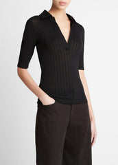 Cotton Elbow-Sleeve Polo Shirt in Short Sleeve - BLACK
