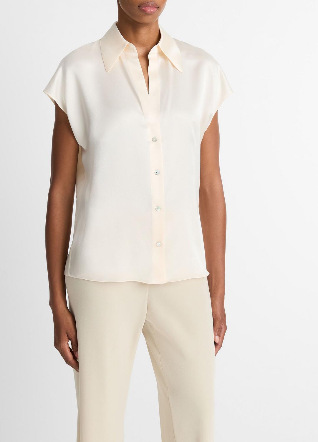Silk Cap-Sleeve Ruched-Back Blouse in Short Sleeve - CHIFFON