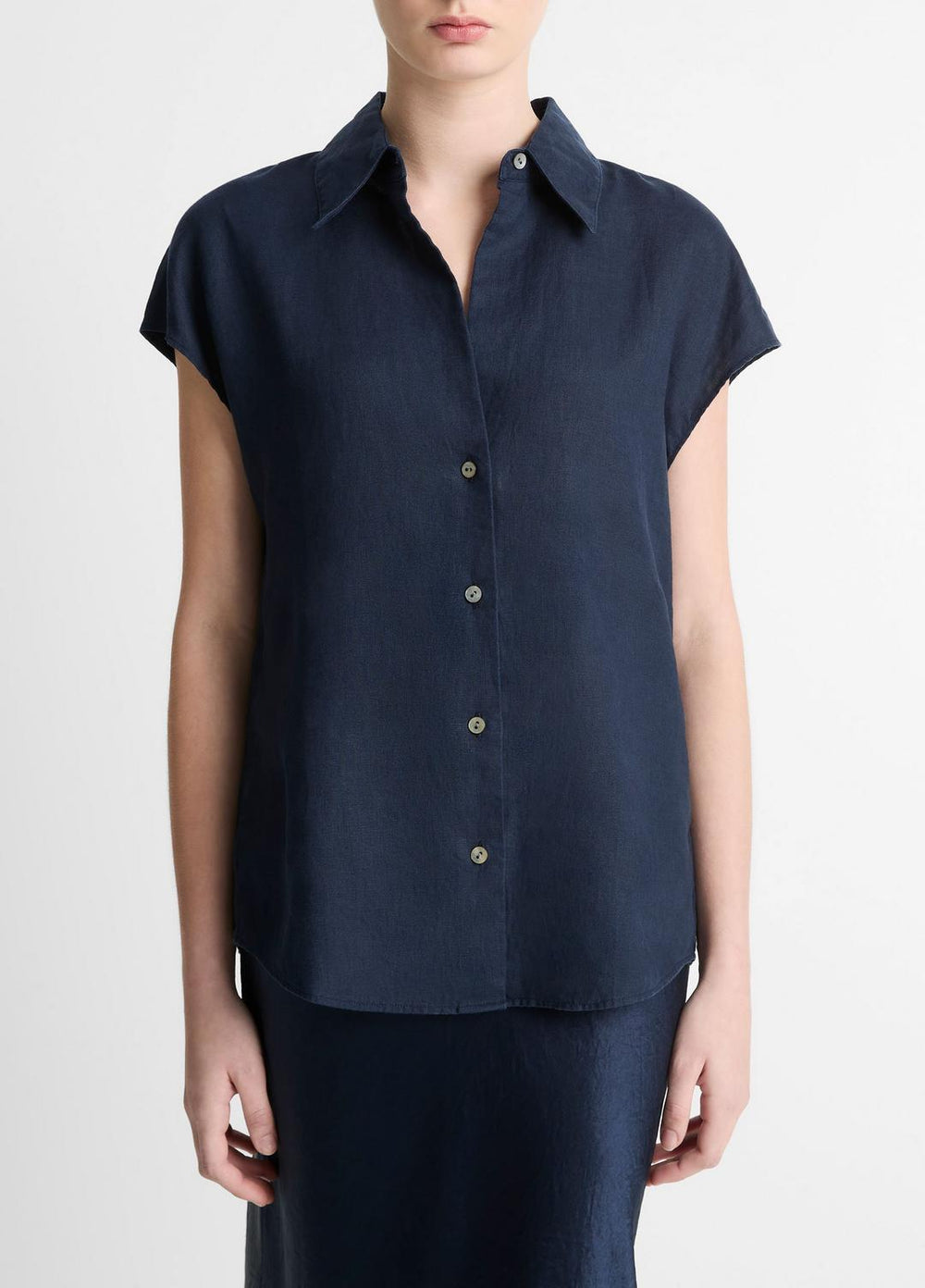 Linen Cap-Sleeve Button-Front Blouse in Short Sleeve - COASTAL BLUE