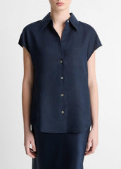 Linen Cap-Sleeve Button-Front Blouse in Short Sleeve - COASTAL BLUE