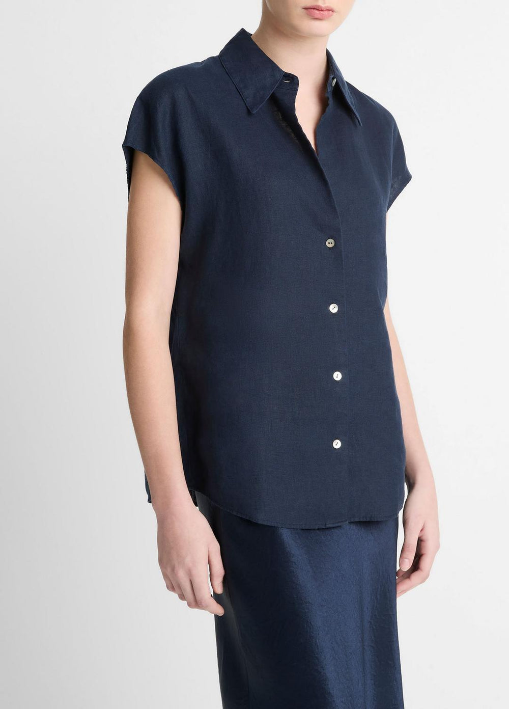 Linen Cap-Sleeve Button-Front Blouse in Short Sleeve - COASTAL BLUE
