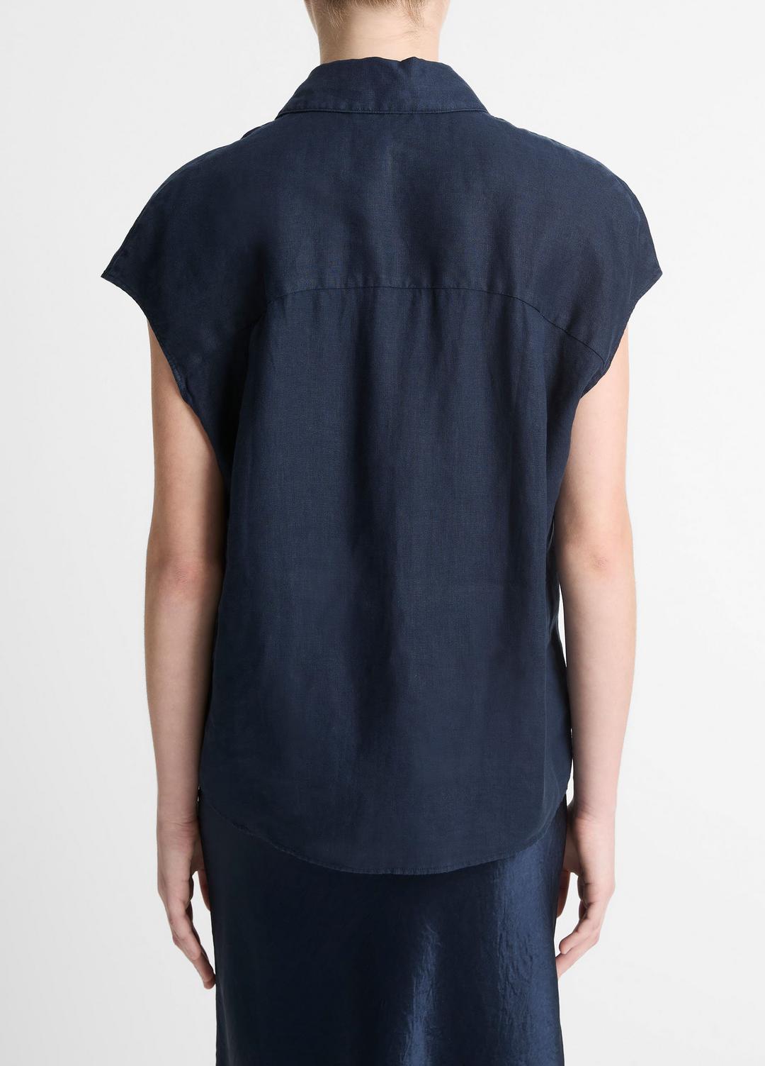 Linen Cap-Sleeve Button-Front Blouse in Short Sleeve - COASTAL BLUE