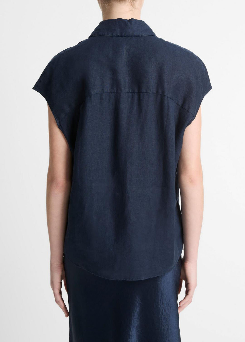 Linen Cap-Sleeve Button-Front Blouse in Short Sleeve - COASTAL BLUE