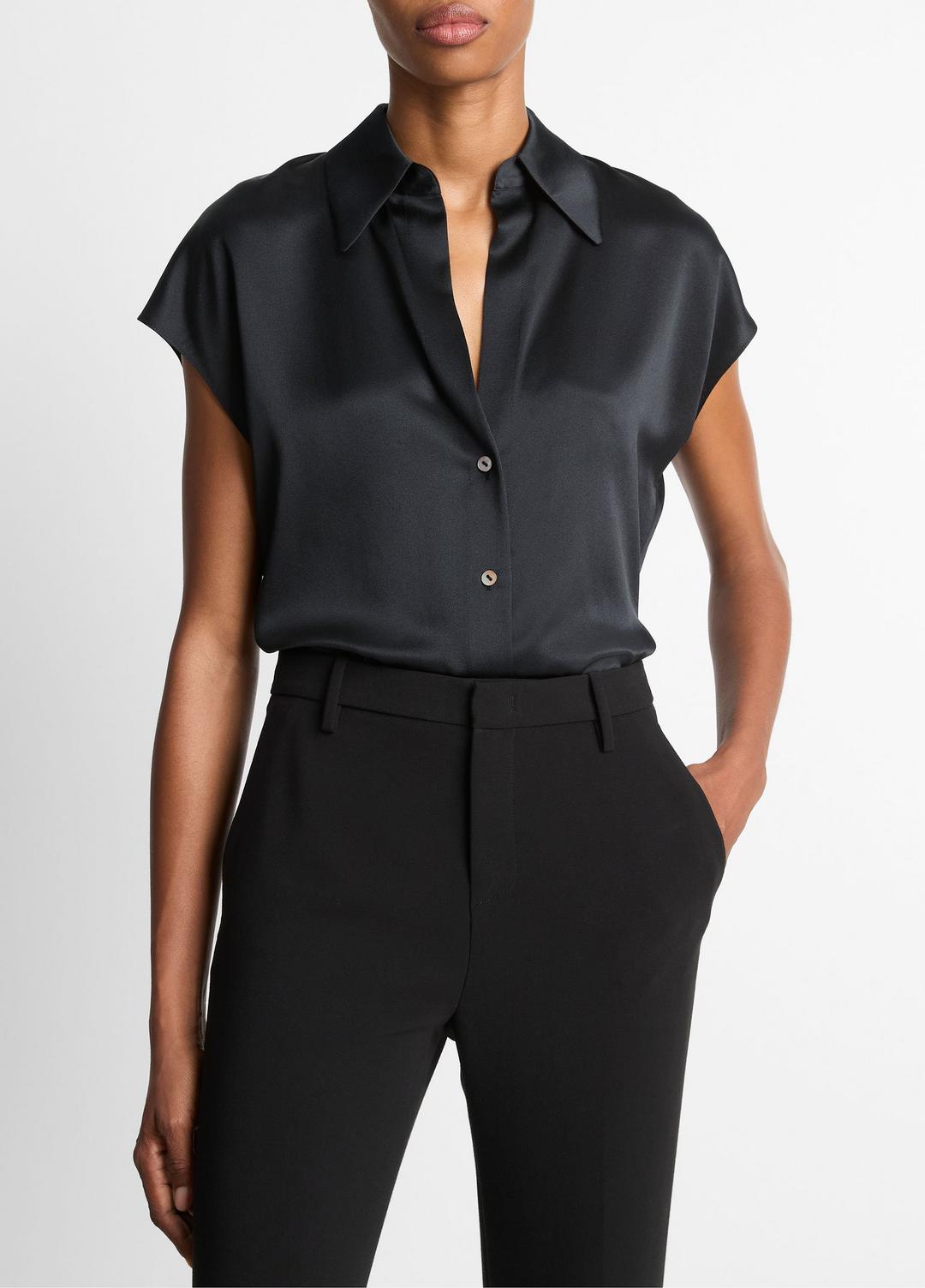Silk Cap-Sleeve Ruched-Back Blouse in Short Sleeve - BLACK