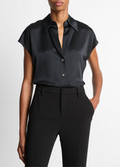 Silk Cap-Sleeve Ruched-Back Blouse in Short Sleeve - BLACK