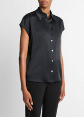 Silk Cap-Sleeve Ruched-Back Blouse in Short Sleeve - BLACK