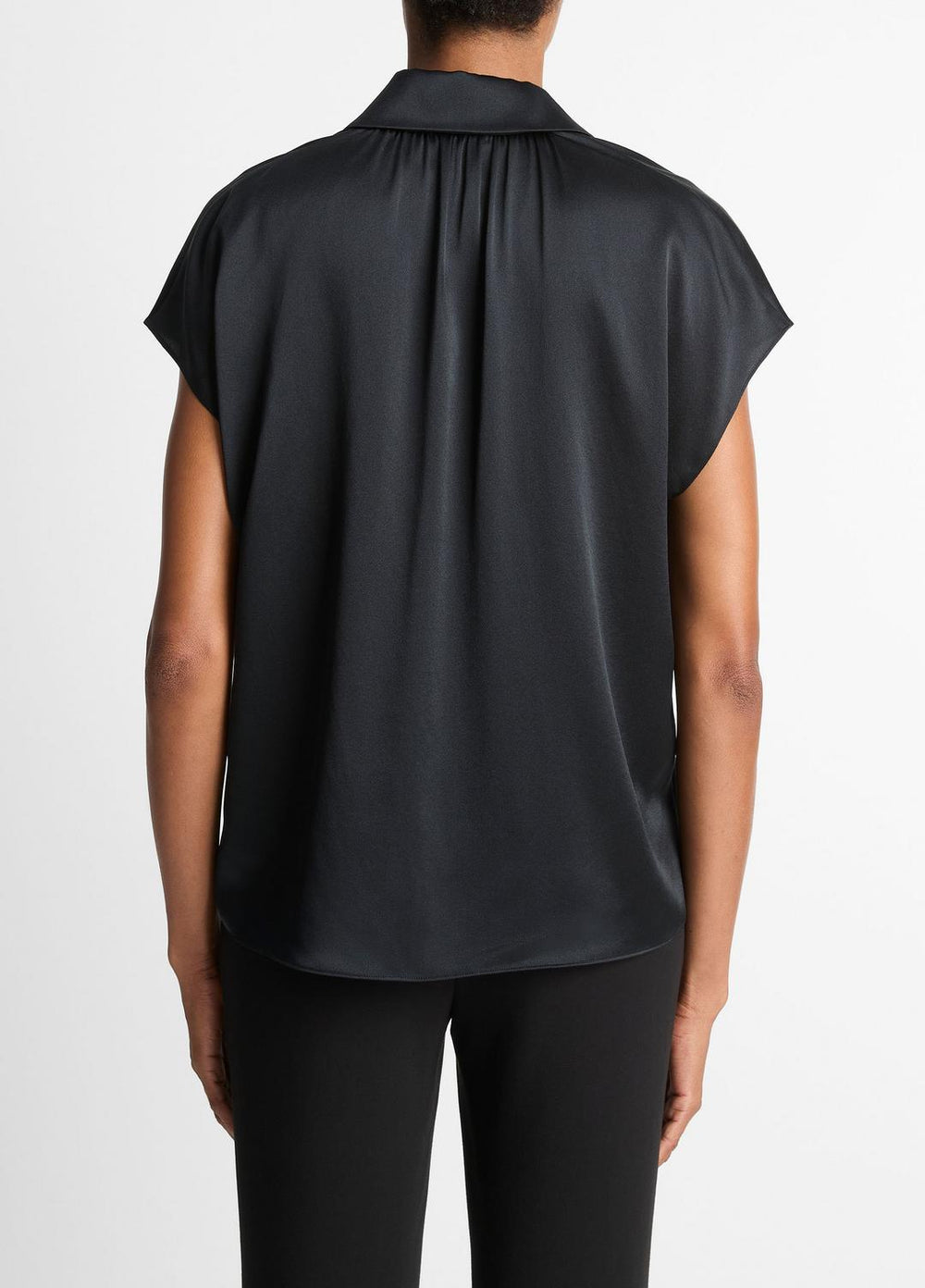 Silk Cap-Sleeve Ruched-Back Blouse in Short Sleeve - BLACK