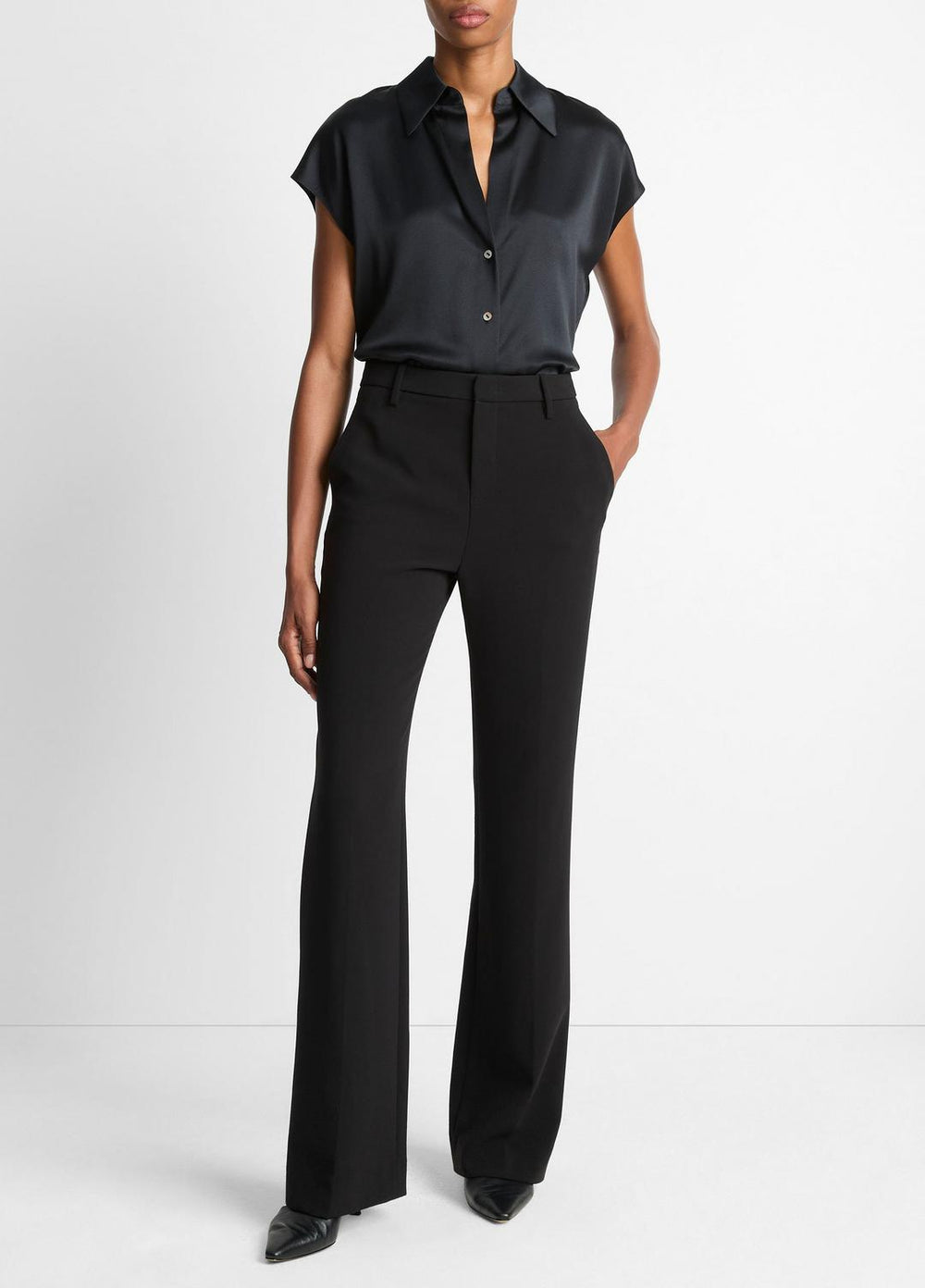 Silk Cap-Sleeve Ruched-Back Blouse in Short Sleeve - BLACK
