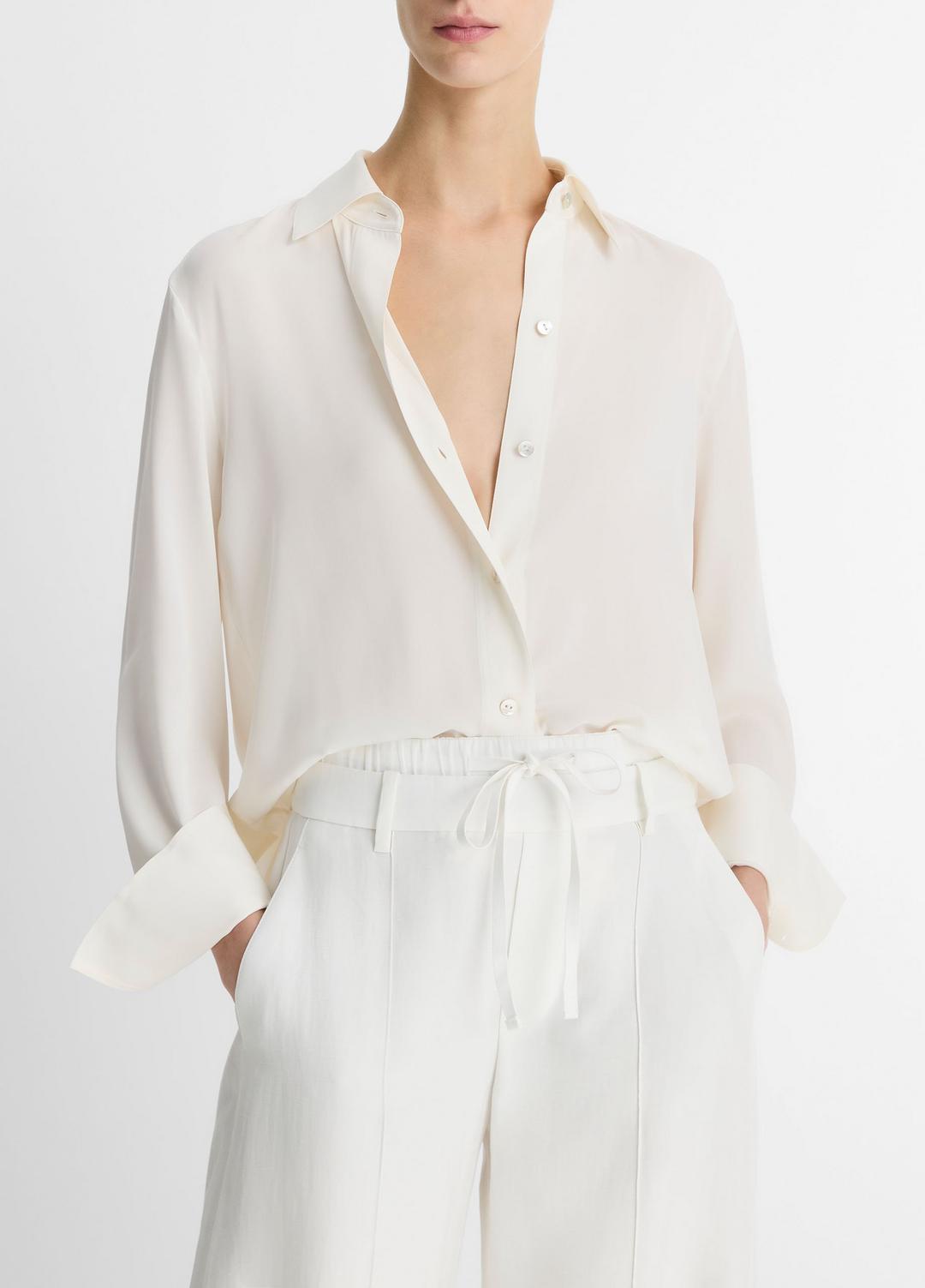 Stretch-Silk Button-Front Blouse in Long Sleeve - OFF WHITE
