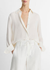 Stretch-Silk Button-Front Blouse in Long Sleeve - OFF WHITE