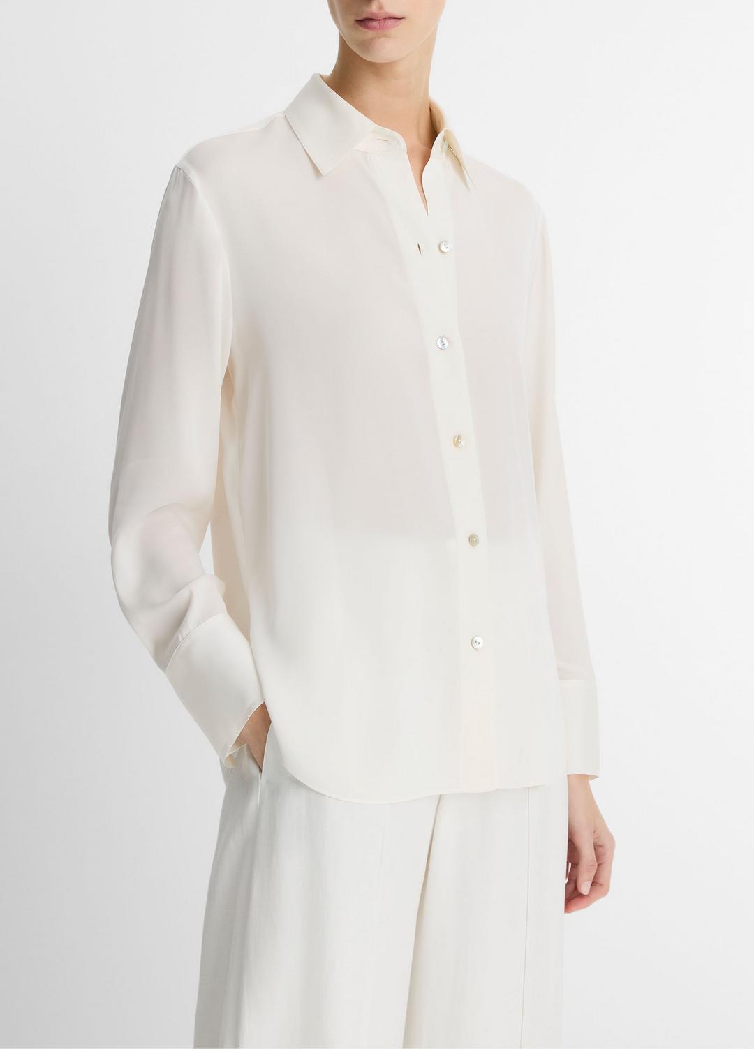 Stretch-Silk Button-Front Blouse in Long Sleeve - OFF WHITE