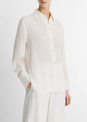 Stretch-Silk Button-Front Blouse in Long Sleeve - OFF WHITE