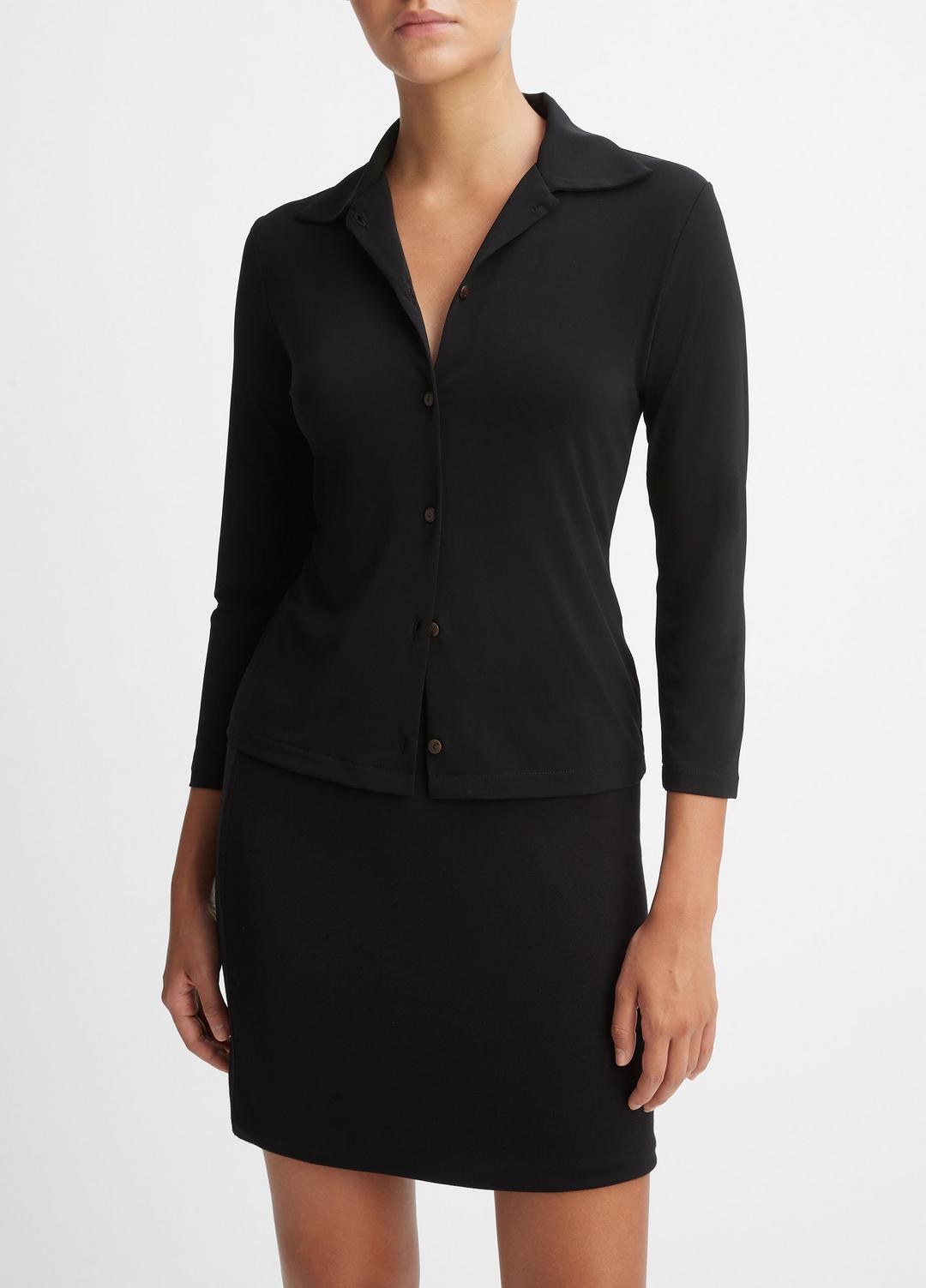 Three-Quarter-Sleeve Button-Front Polo Top in Long Sleeve - BLACK