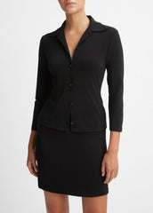 Three-Quarter-Sleeve Button-Front Polo Top in Long Sleeve - BLACK