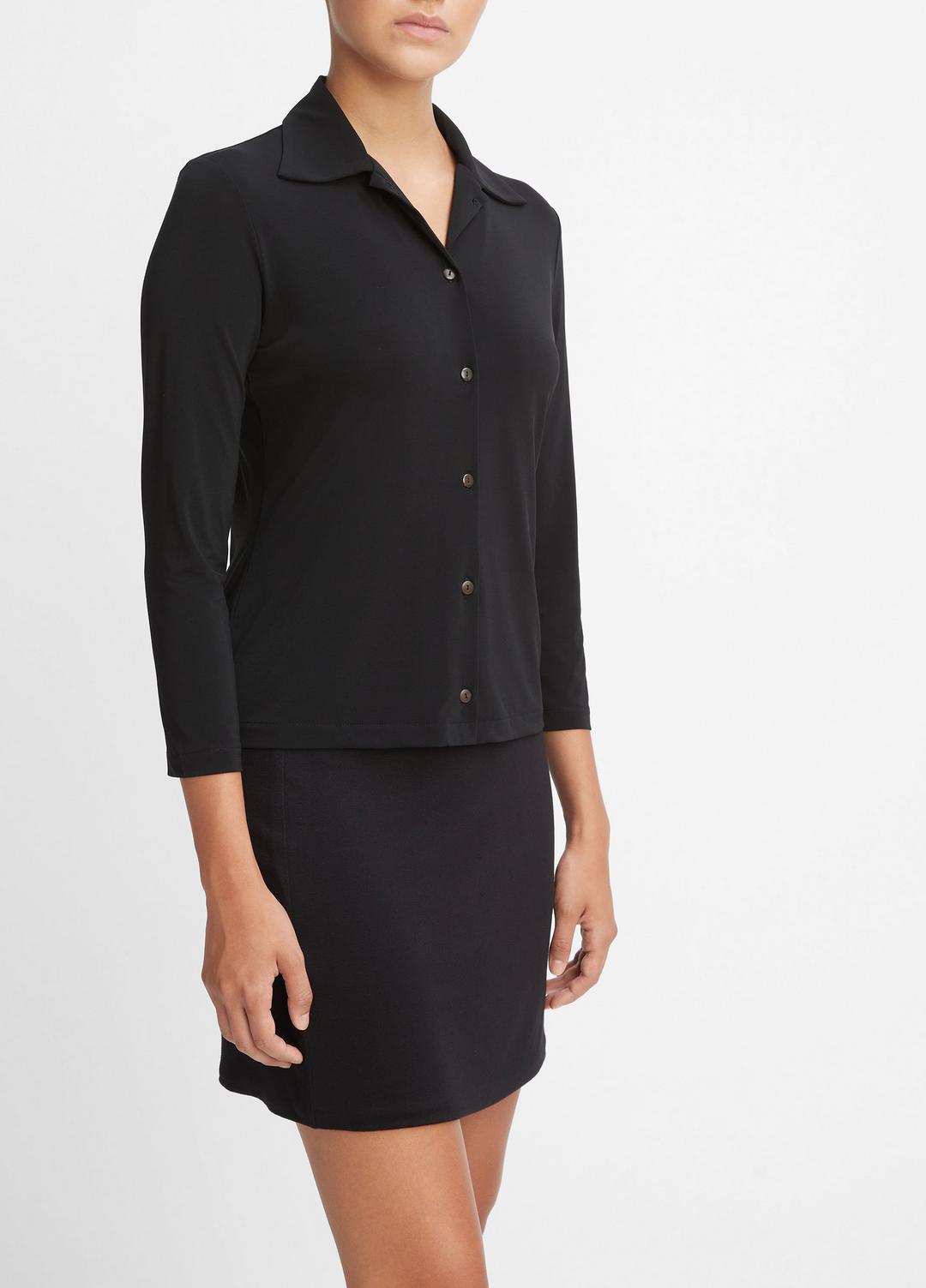 Three-Quarter-Sleeve Button-Front Polo Top in Long Sleeve - BLACK