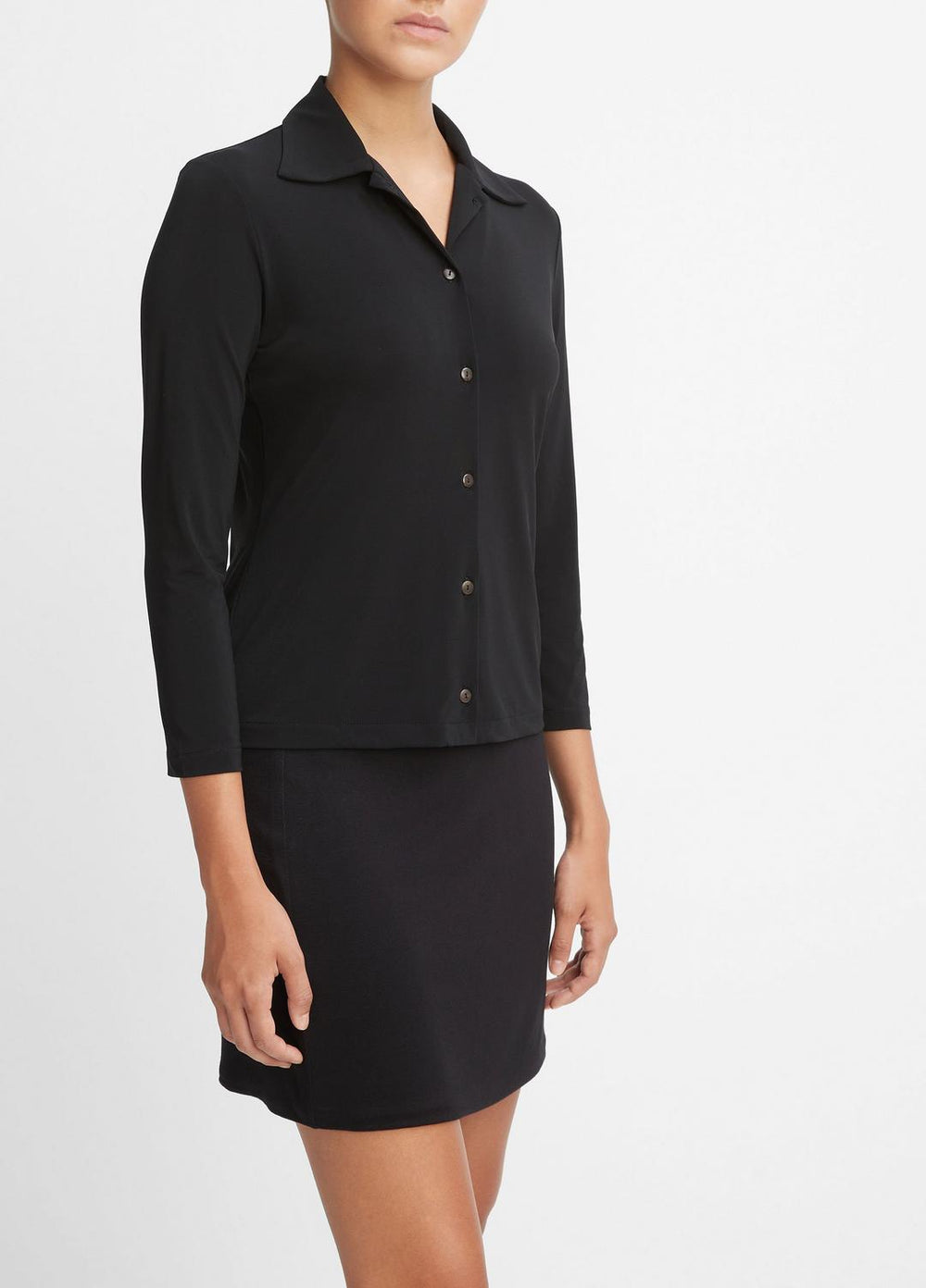 Three-Quarter-Sleeve Button-Front Polo Top in Long Sleeve - BLACK