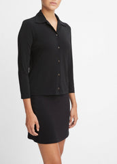 Three-Quarter-Sleeve Button-Front Polo Top in Long Sleeve - BLACK