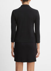 Three-Quarter-Sleeve Button-Front Polo Top in Long Sleeve - BLACK