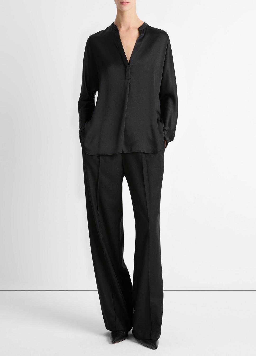 Silk Satin Band-Collar Blouse in Long Sleeve - BLACK