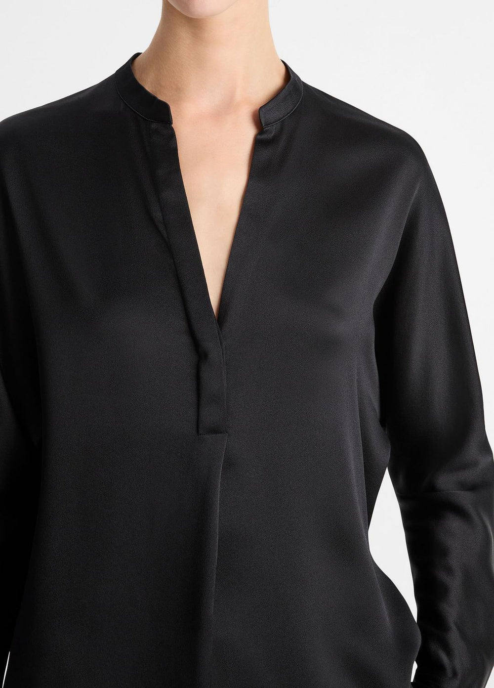 Silk Satin Band-Collar Blouse in Long Sleeve - BLACK