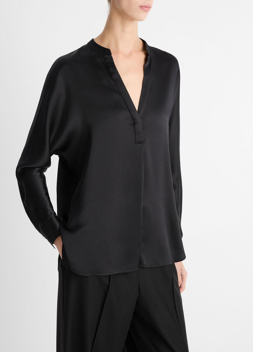 Silk Satin Band-Collar Blouse in Long Sleeve - BLACK