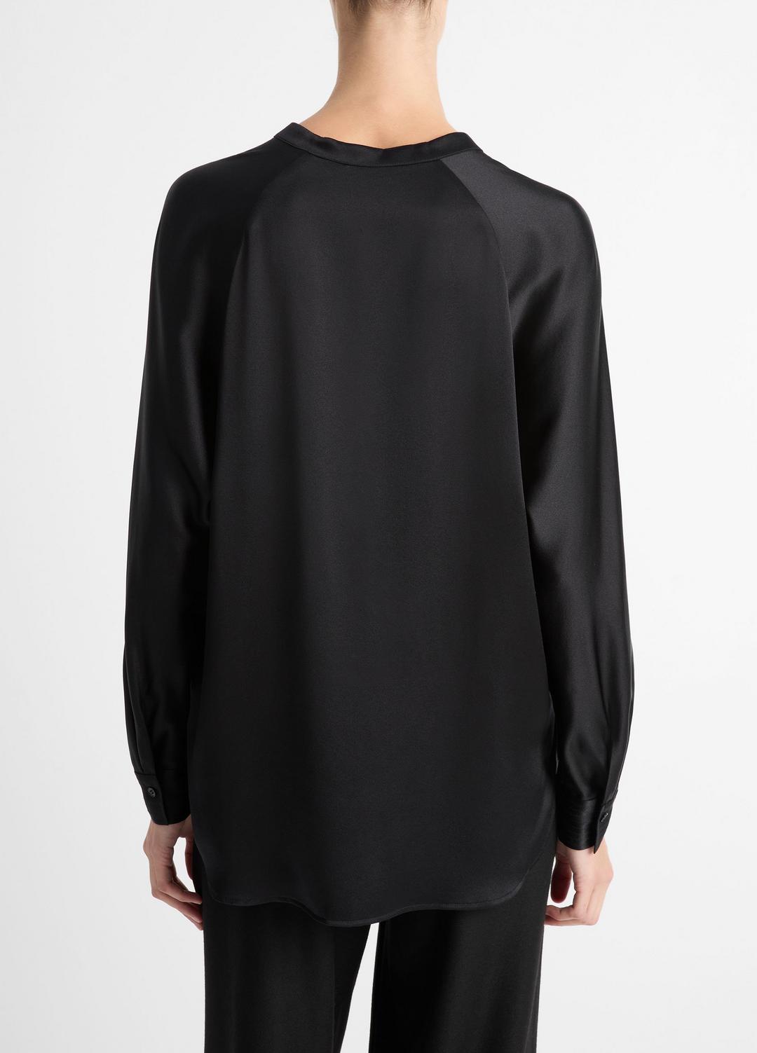 Silk Satin Band-Collar Blouse in Long Sleeve - BLACK