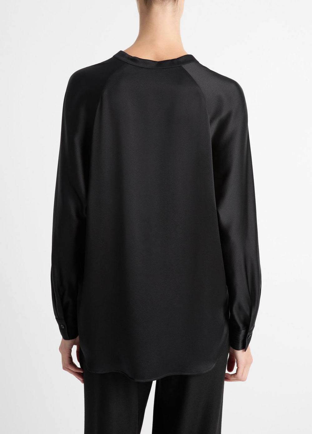 Silk Satin Band-Collar Blouse in Long Sleeve - BLACK