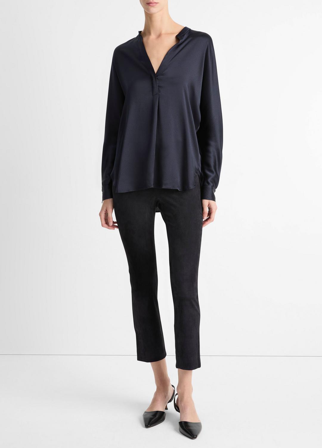 Silk Satin Band-Collar Blouse in Long Sleeve - COASTAL BLUE