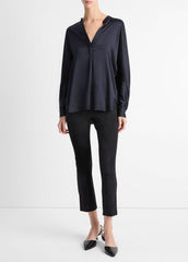 Silk Satin Band-Collar Blouse in Long Sleeve - COASTAL BLUE