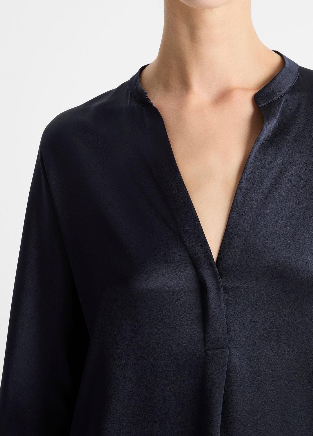 Silk Satin Band-Collar Blouse in Long Sleeve - COASTAL BLUE