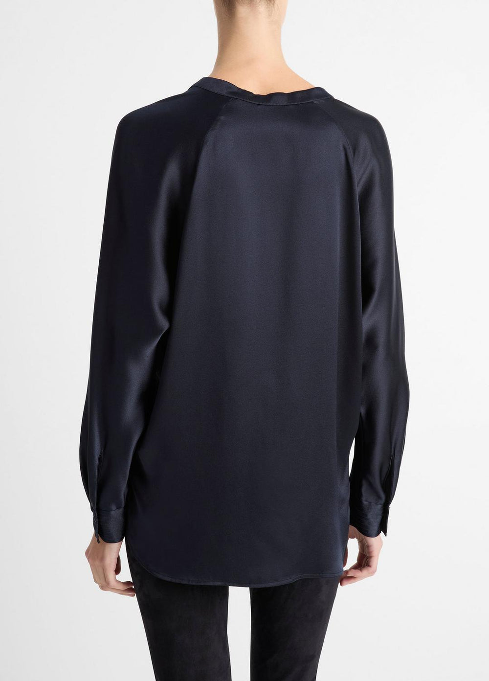 Silk Satin Band-Collar Blouse in Long Sleeve - COASTAL BLUE