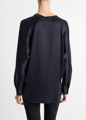 Silk Satin Band-Collar Blouse in Long Sleeve - COASTAL BLUE