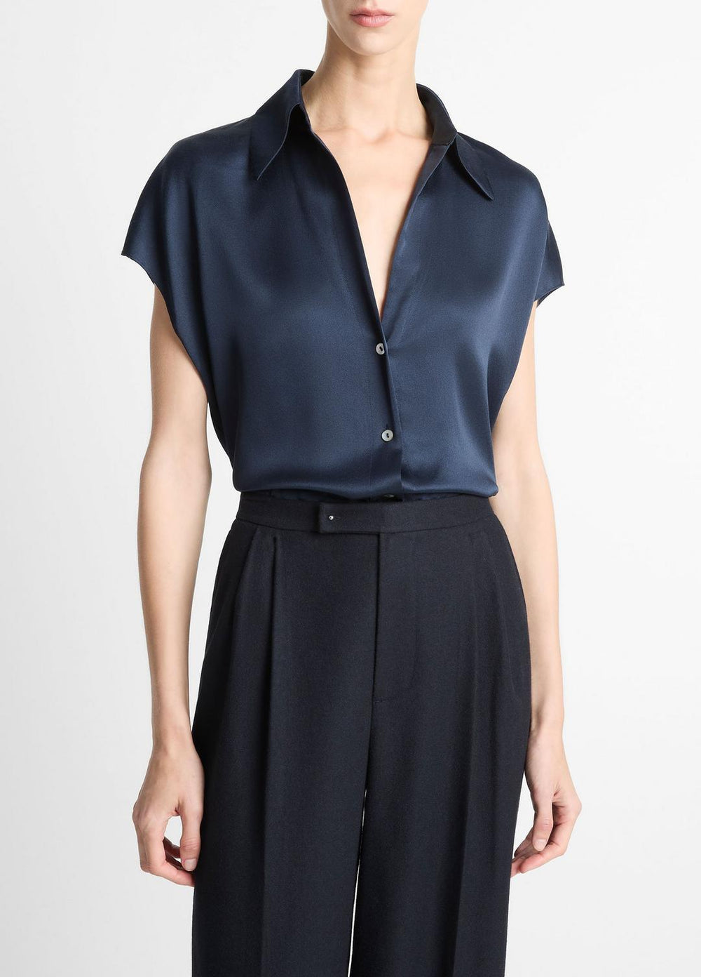 Silk Cap-Sleeve Ruched-Back Blouse in Short Sleeve - COASTAL BLUE
