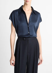 Silk Cap-Sleeve Ruched-Back Blouse in Short Sleeve - COASTAL BLUE