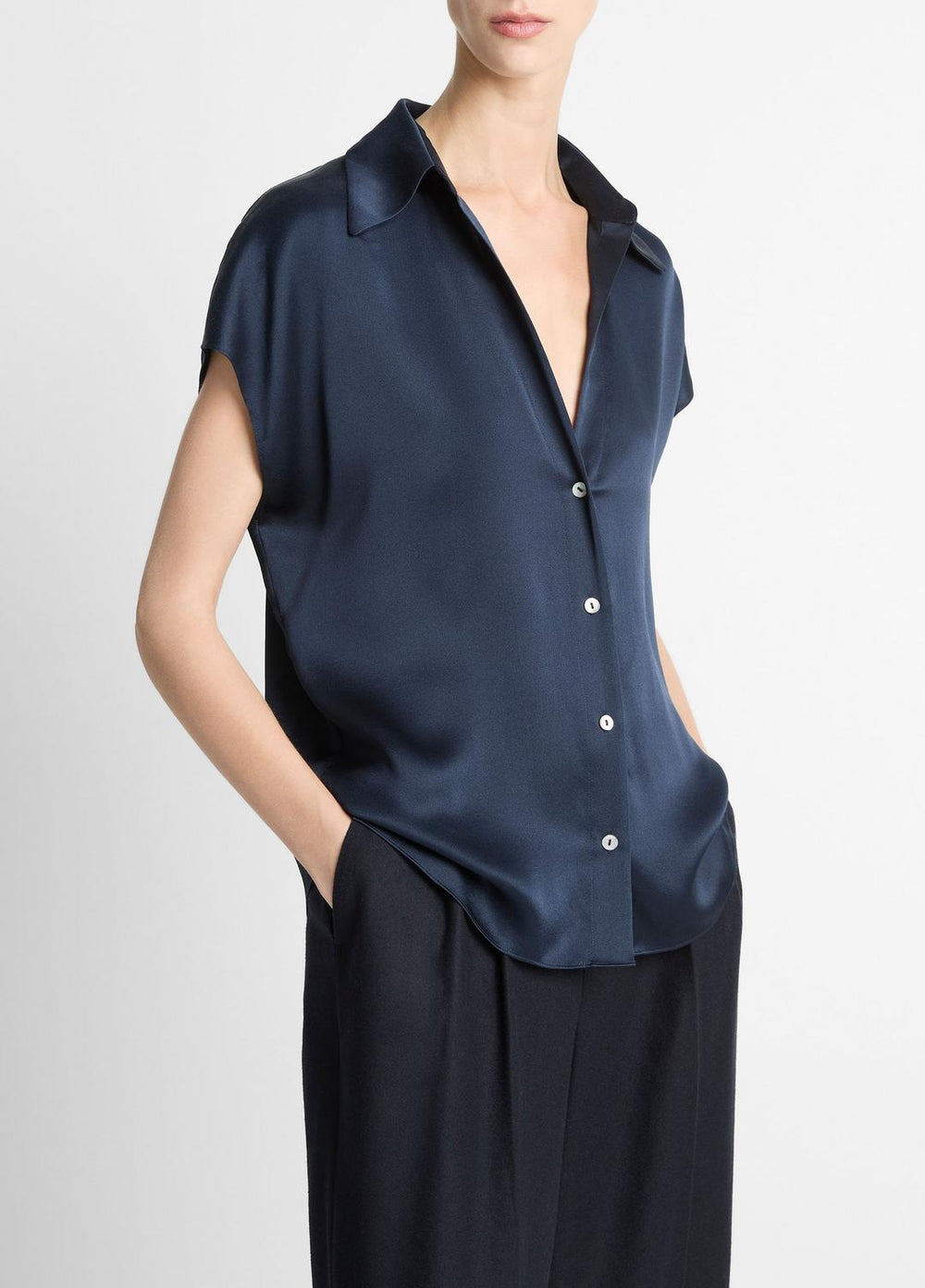 Silk Cap-Sleeve Ruched-Back Blouse in Short Sleeve - COASTAL BLUE
