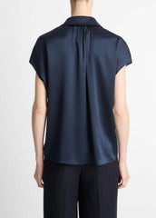 Silk Cap-Sleeve Ruched-Back Blouse in Short Sleeve - COASTAL BLUE