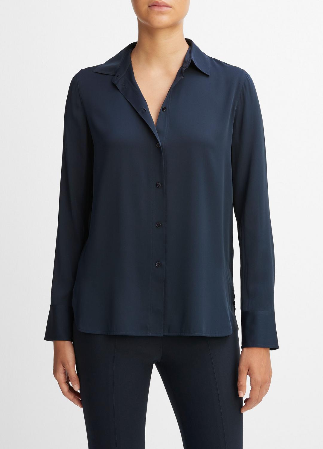 Slim Fitted Stretch-Silk Blouse in Long Sleeve - COASTAL BLUE
