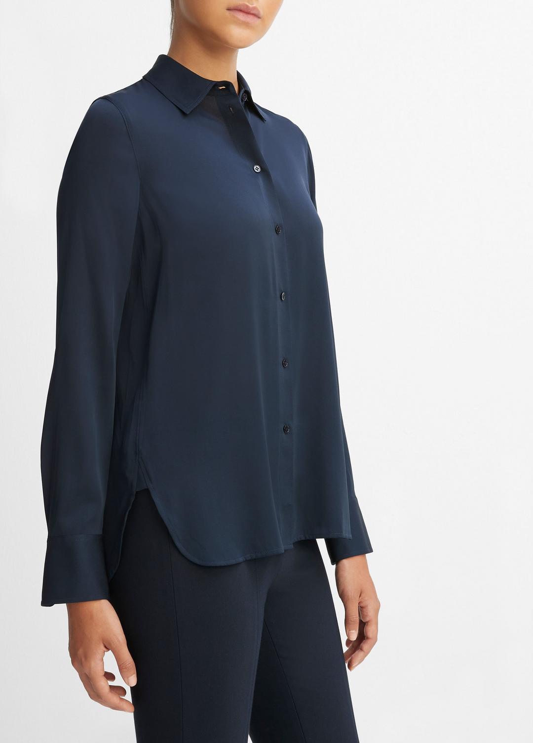 Slim Fitted Stretch-Silk Blouse in Long Sleeve - COASTAL BLUE