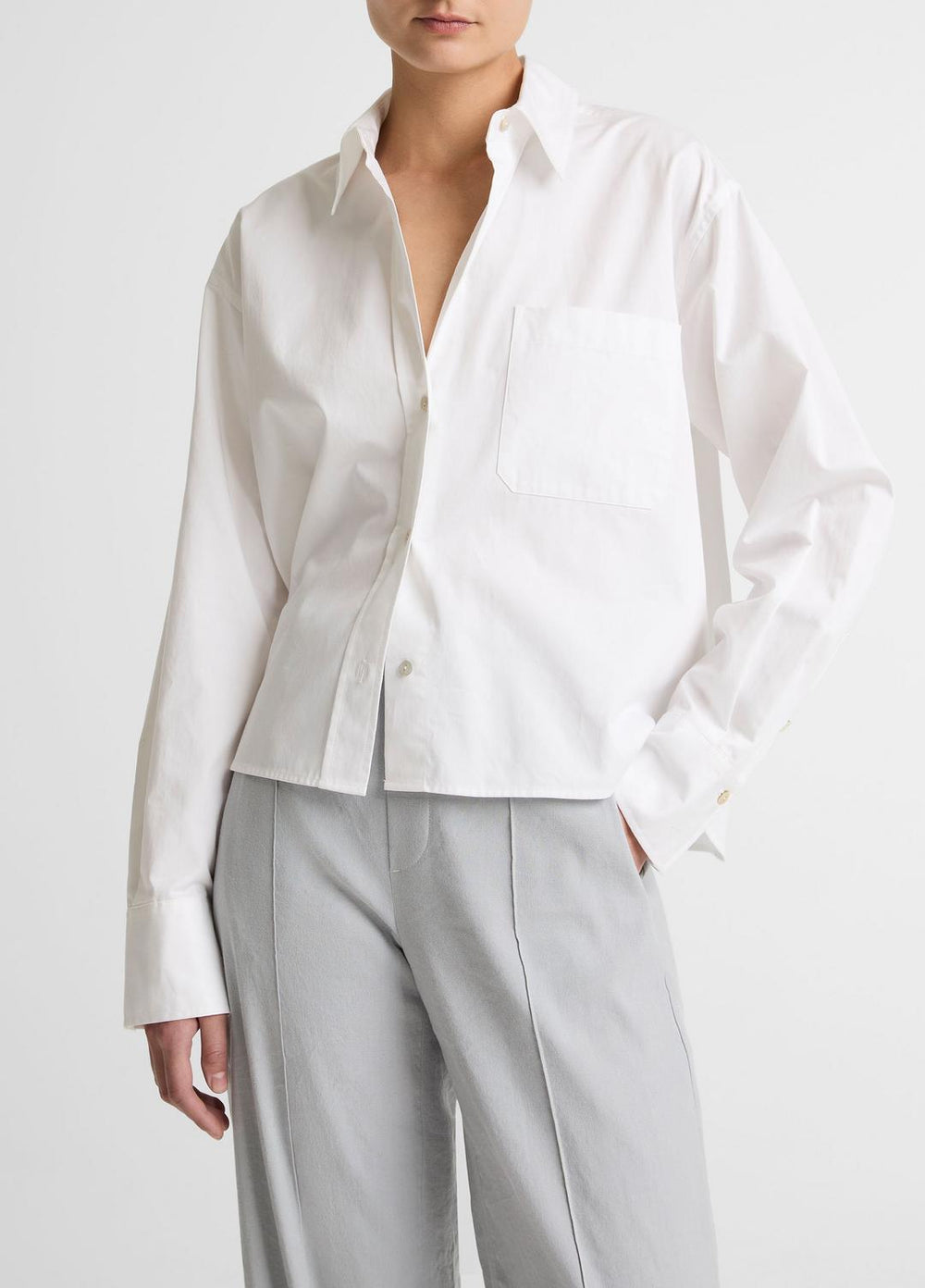 Cotton Cropped Button-Front Shirt  in Long Sleeve - OPTIC WHITE