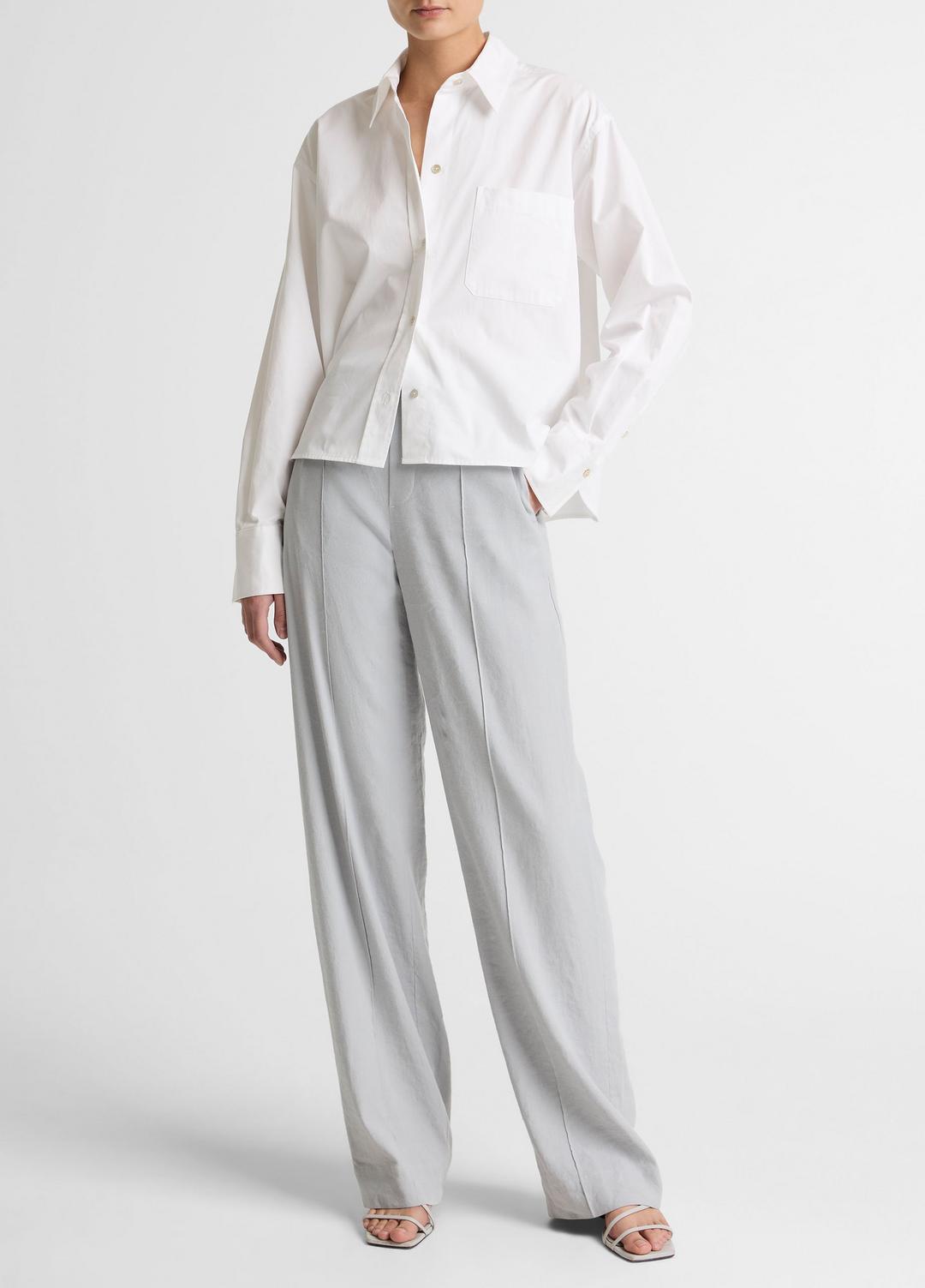 Cotton Cropped Button-Front Shirt  in Long Sleeve - OPTIC WHITE