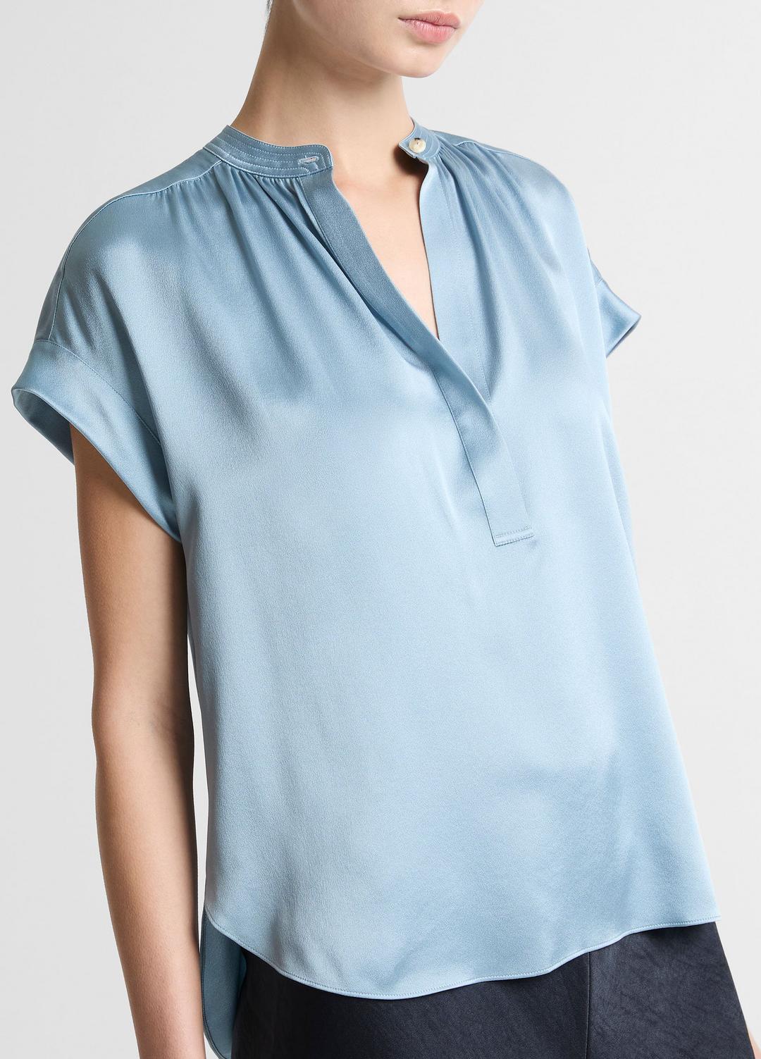 Silk Gathered Cap-Sleeve Blouse in Short Sleeve - DEL MAR