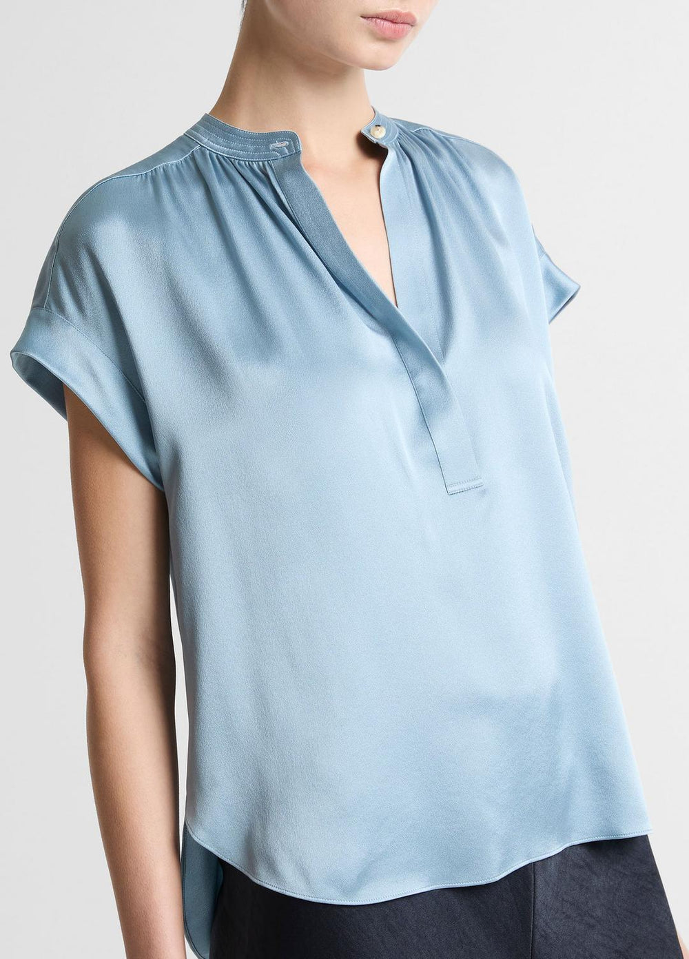 Silk Gathered Cap-Sleeve Blouse in Short Sleeve - DEL MAR