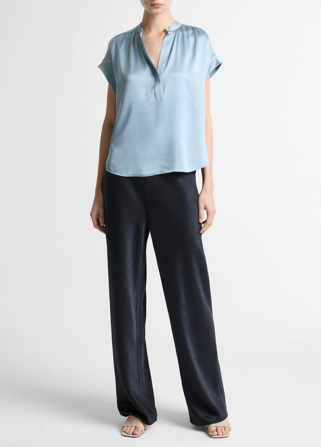 Silk Gathered Cap-Sleeve Blouse in Short Sleeve - DEL MAR