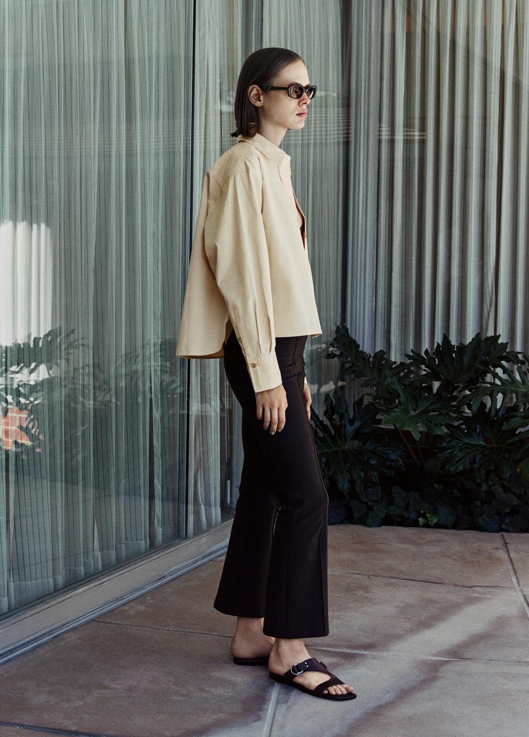 Cotton Cropped Button-Front Shirt  in Long Sleeve - ECRU