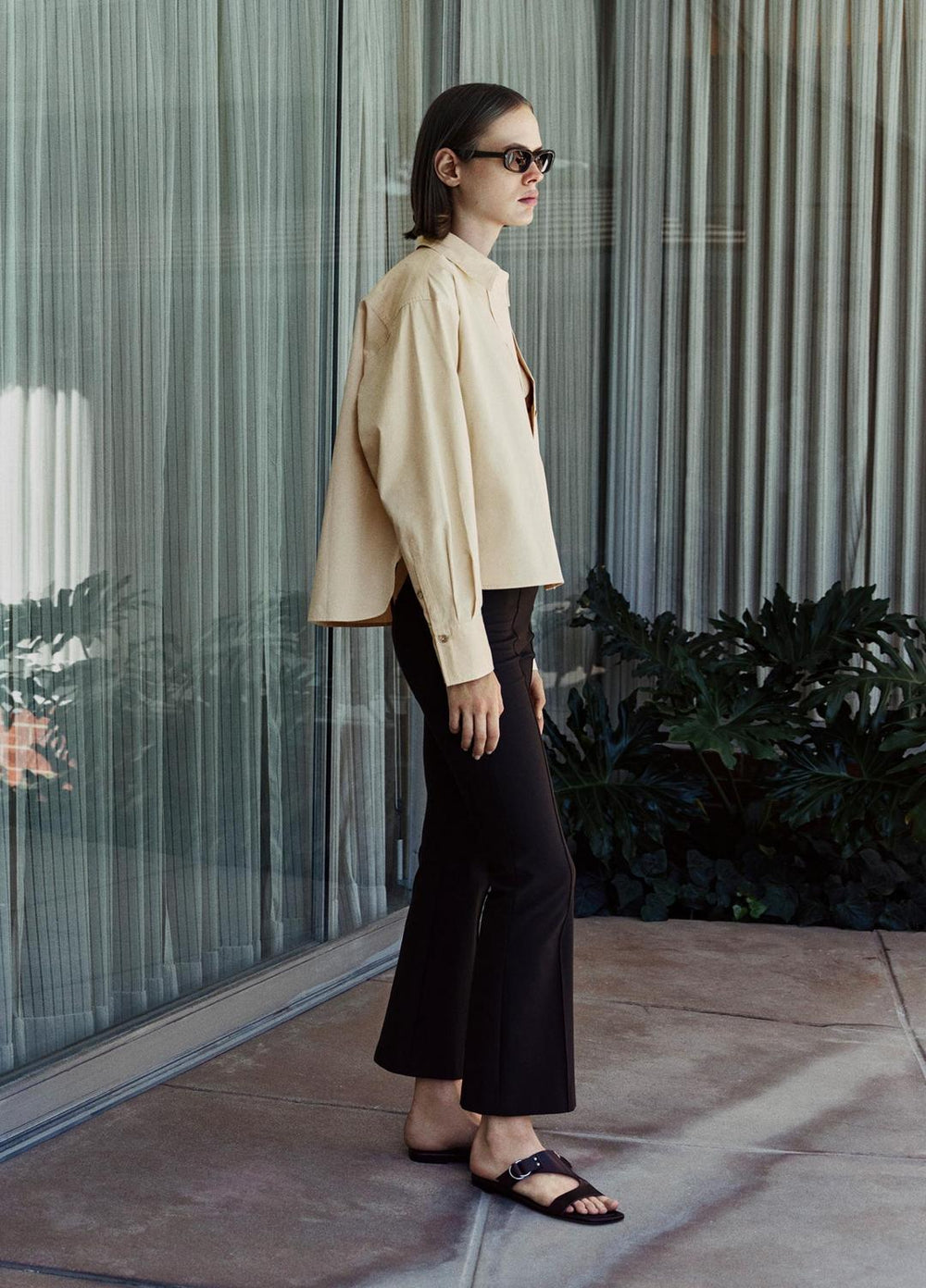 Cotton Cropped Button-Front Shirt  in Long Sleeve - ECRU