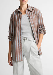Striped Cotton-Blend Button-Front Shirt in Long Sleeve - BROWN MULTI