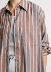 Striped Cotton-Blend Button-Front Shirt in Long Sleeve - BROWN MULTI