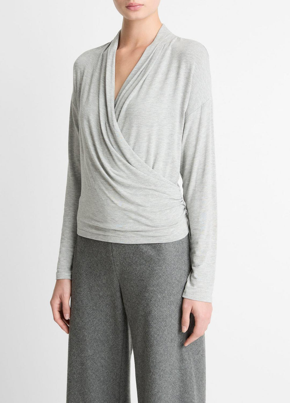 Relaxed Fixed-Wrap Jersey Top in Long Sleeve - HEATHER PALE GREY